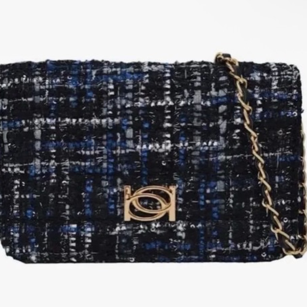 Bebe Kamala Black & Blue Tweed Crossbody Bag